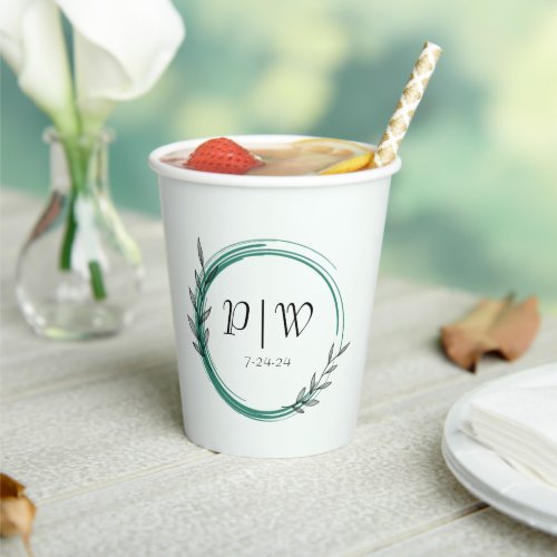 Emerald Green Simple Monogram Botanical Paper Cups