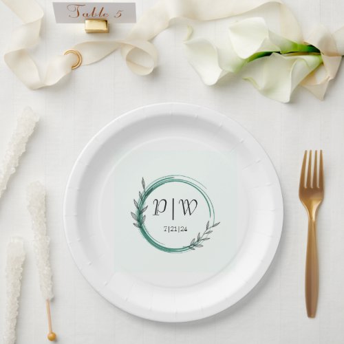 Emerald Green Simple Monogram Botanical Paper Plates