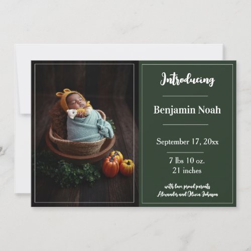 Emerald Green Simple Photo Birth Announcement