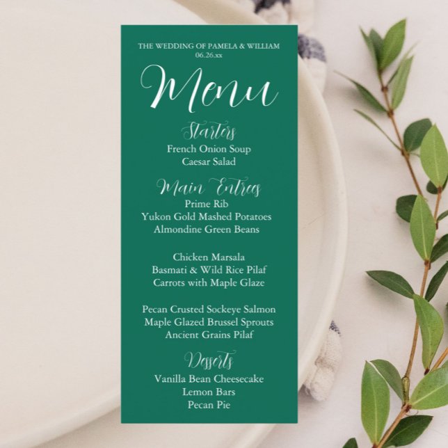 Emerald Green Simple Style Wedding Dinner Menu (In Situ Table)