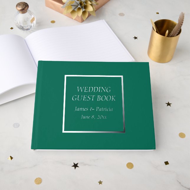 Emerald Green Simple Stylized Lettering Wedding Foil Guest Book (Front Open)