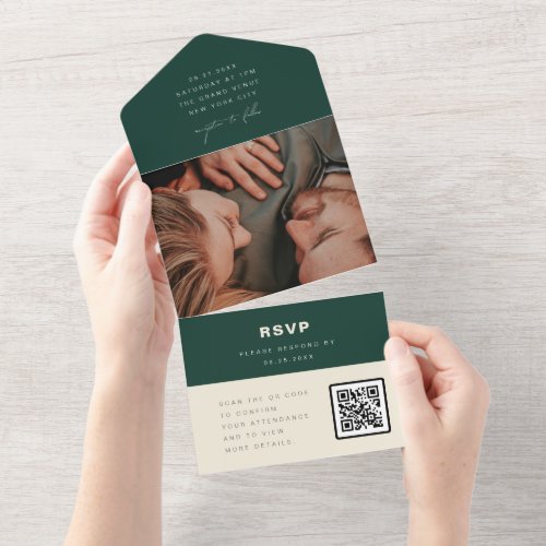 Emerald Green Simple Wedding Photo QR Code RSVP All In One Invitation