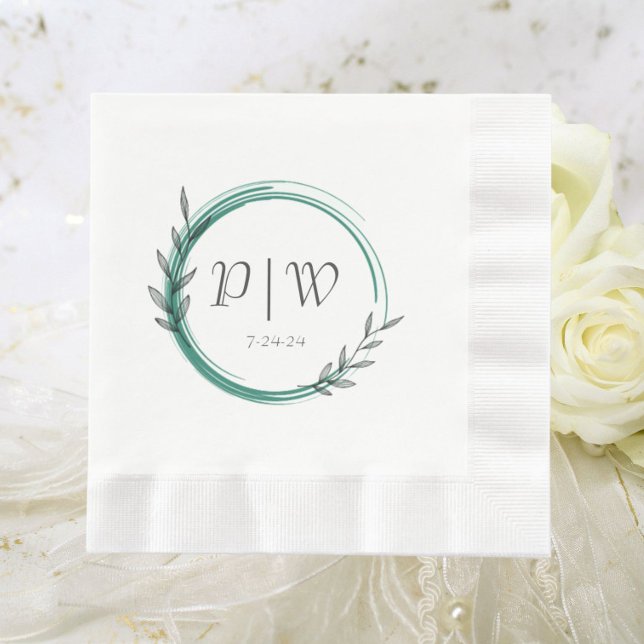 Emerald Green Simple Wreath Monogram Wedding Napkins (In Situ Wedding)