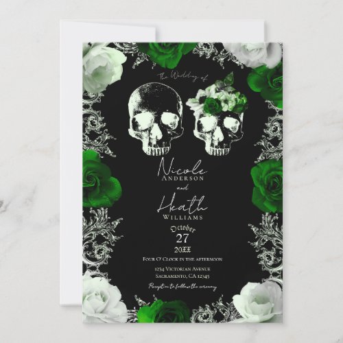 Emerald Green Skeleton Skull Roses Gothic Wedding Invitation