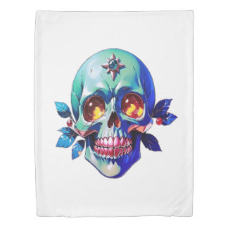 Emerald Green Skull with Golden Eyes and Gem Crown Duvet Cover