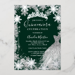Emerald Green Snowflake Winter Quinceanera  Foil Invitation