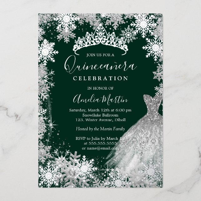 Emerald Green Snowflake Winter Quinceanera  Foil Invitation (Front)