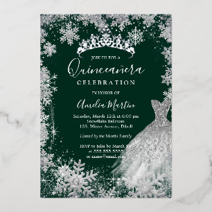 Emerald Green Snowflake Winter Quinceanera  Foil Invitation
