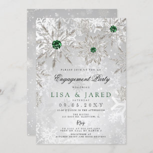 Emerald Green Snowflakes Winter Engagement Party Invitation