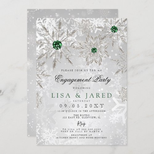 Emerald Green Snowflakes Winter Engagement Party Invitation