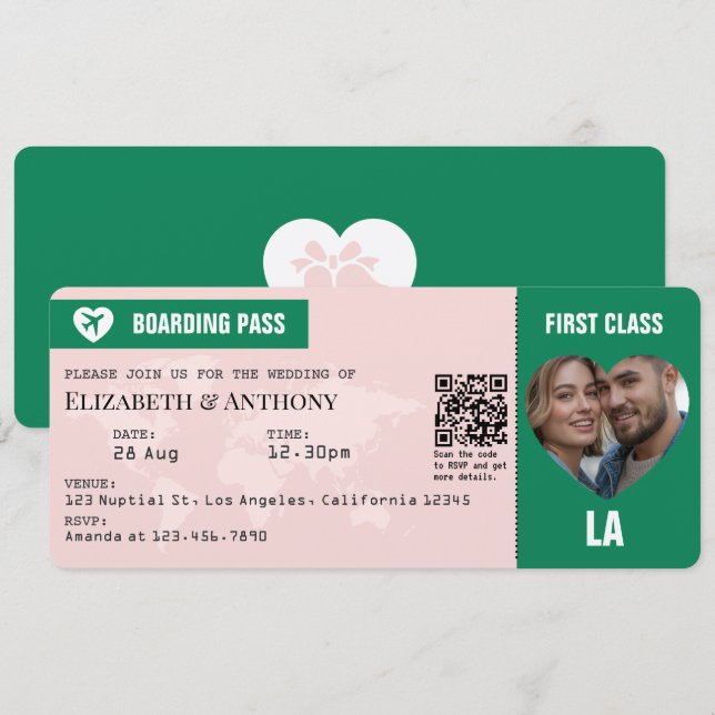 Emerald Green & Soft Blush Boarding Pass Wedding Invitation (Front/Back)