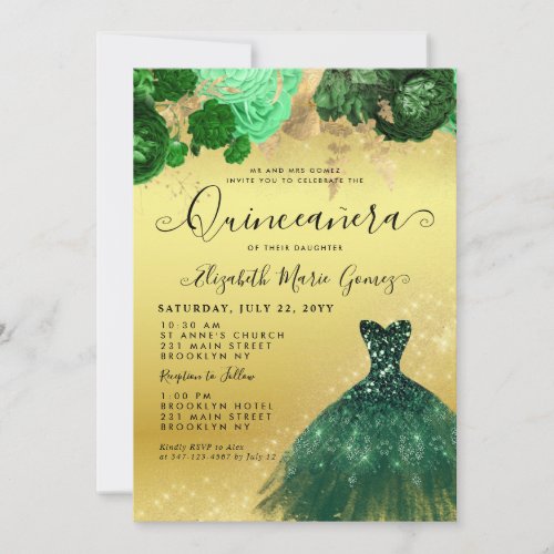 Emerald Green Sparkle Dress Floral Quinceanera Invitation