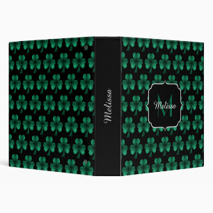 Emerald Green Sparkle Shamrock black Monogram 3 Ring Binder