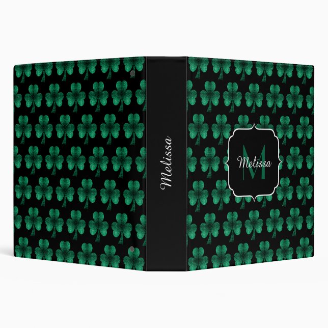 Emerald Green Sparkle Shamrock black Monogram 3 Ring Binder (Background)