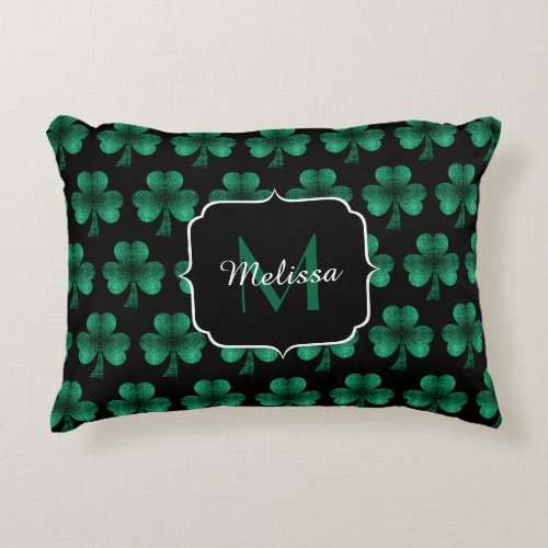 Emerald Green Sparkle Shamrock black Monogram Accent Pillow