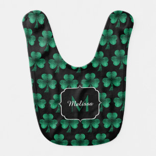 Emerald Green Sparkle Shamrock black Monogram Baby Bib