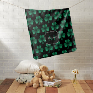 Emerald Green Sparkle Shamrock black Monogram Baby Blanket