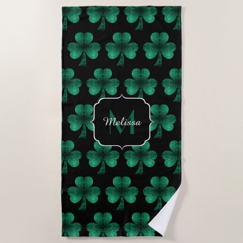 Emerald Green Sparkle Shamrock black Monogram Beach Towel