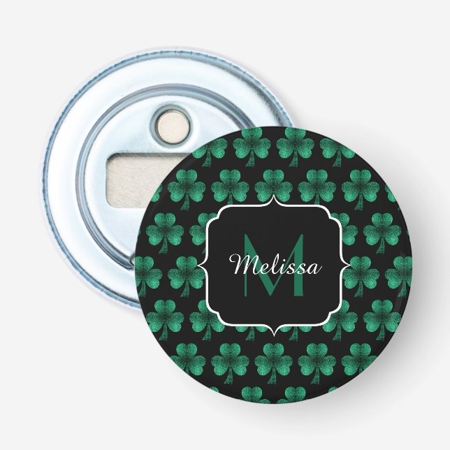 Emerald Green Sparkle Shamrock black Monogram Bottle Opener (Front)