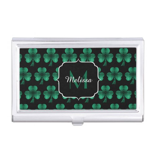 Emerald Green Sparkle Shamrock black Monogram Business Card Case