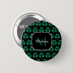 Emerald Green Sparkle Shamrock black Monogram Button
