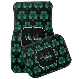 Emerald Green Sparkle Shamrock black Monogram Car Floor Mat