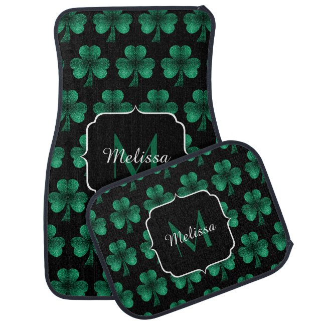 Emerald Green Sparkle Shamrock black Monogram Car Floor Mat (Set)