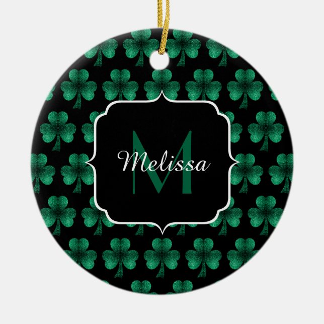 Emerald Green Sparkle Shamrock black Monogram Ceramic Ornament (Front)