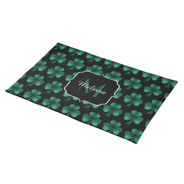 Emerald Green Sparkle Shamrock black Monogram Cloth Placemat (On Table)