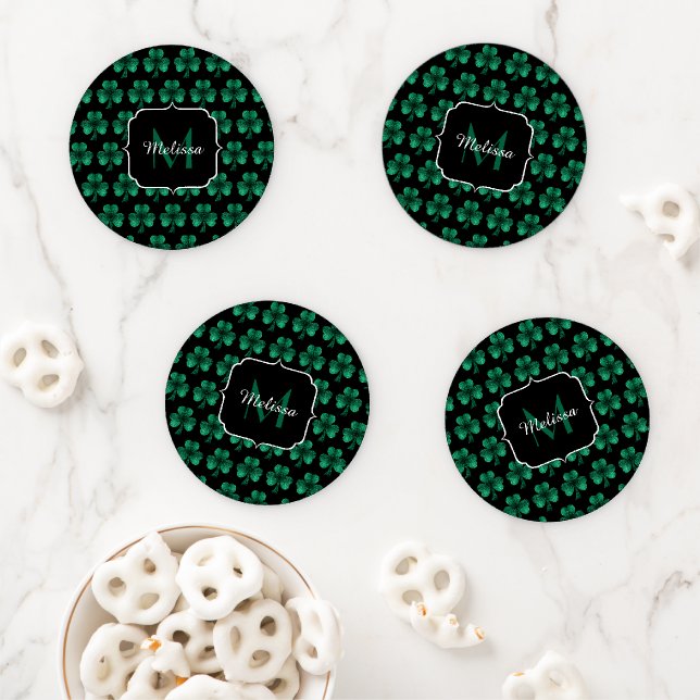 Emerald Green Sparkle Shamrock black Monogram Coaster Set (In Situ)