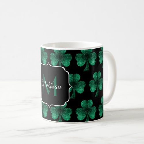 Emerald Green Sparkle Shamrock black Monogram Coffee Mug