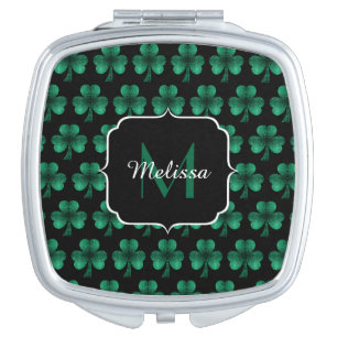 Emerald Green Sparkle Shamrock black Monogram Compact Mirror