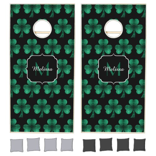 Emerald Green Sparkle Shamrock black Monogram Cornhole Set