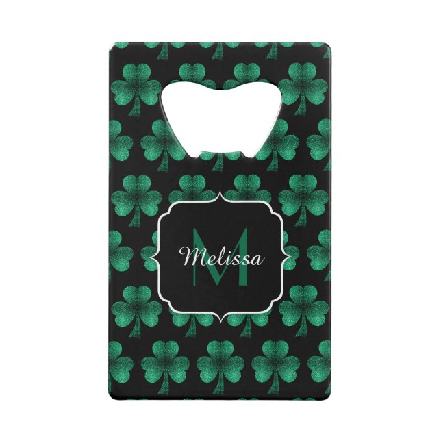 Emerald Green Sparkle Shamrock black Monogram Credit Card Bottle Opener (Front)