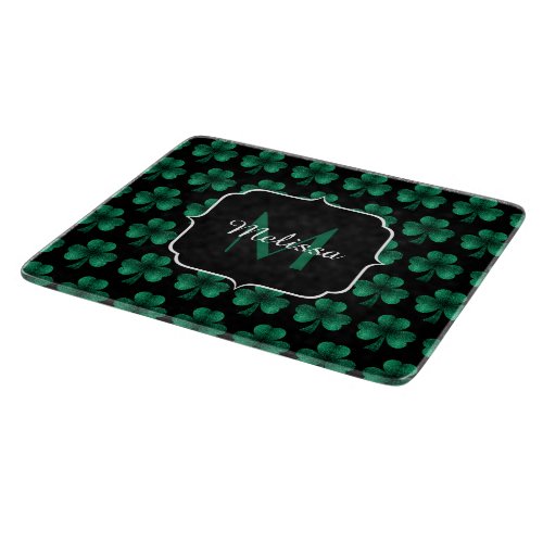Emerald Green Sparkle Shamrock black Monogram Cutting Board