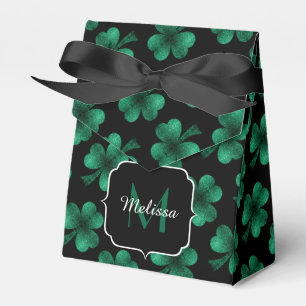Emerald Green Sparkle Shamrock black Monogram Favor Boxes