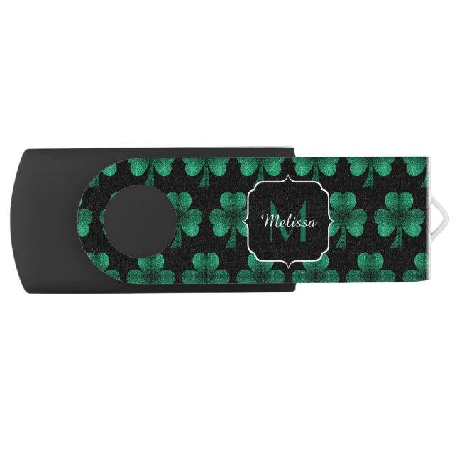 Emerald Green Sparkle Shamrock black Monogram Flash Drive (Front)