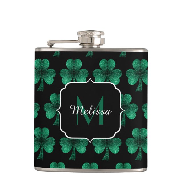 Emerald Green Sparkle Shamrock black Monogram Flask (Front)