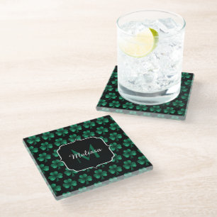 Emerald Green Sparkle Shamrock black Monogram Glass Coaster
