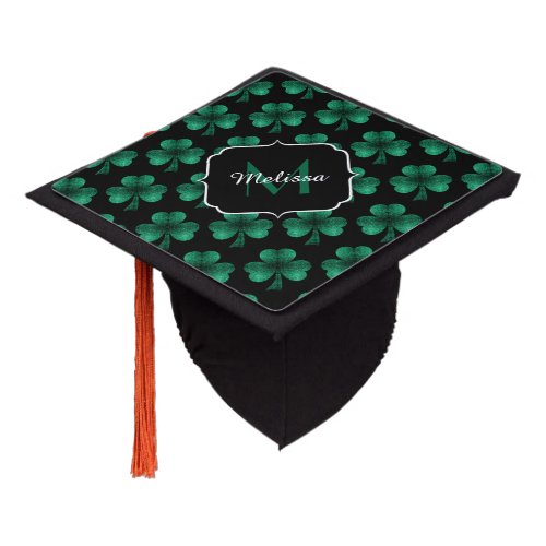 Emerald Green Sparkle Shamrock black Monogram Graduation Cap Topper