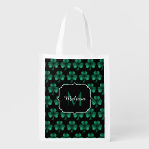 Emerald Green Sparkle Shamrock black Monogram Grocery Bag