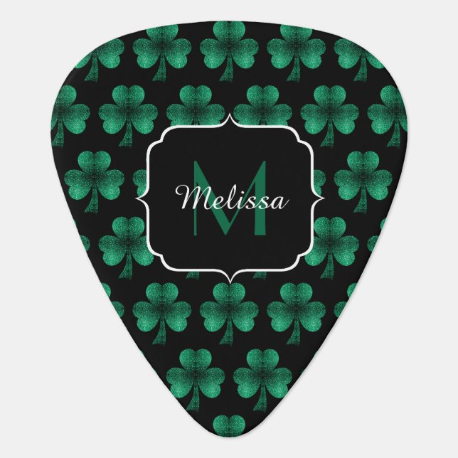 Emerald Green Sparkle Shamrock black Monogram Guitar Pick (Front)