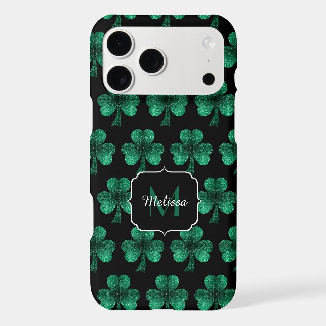 Emerald Green Sparkle Shamrock black Monogram iPhone Case (Back)
