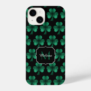 Emerald Green Sparkle Shamrock black Monogram iPhone 14 Case