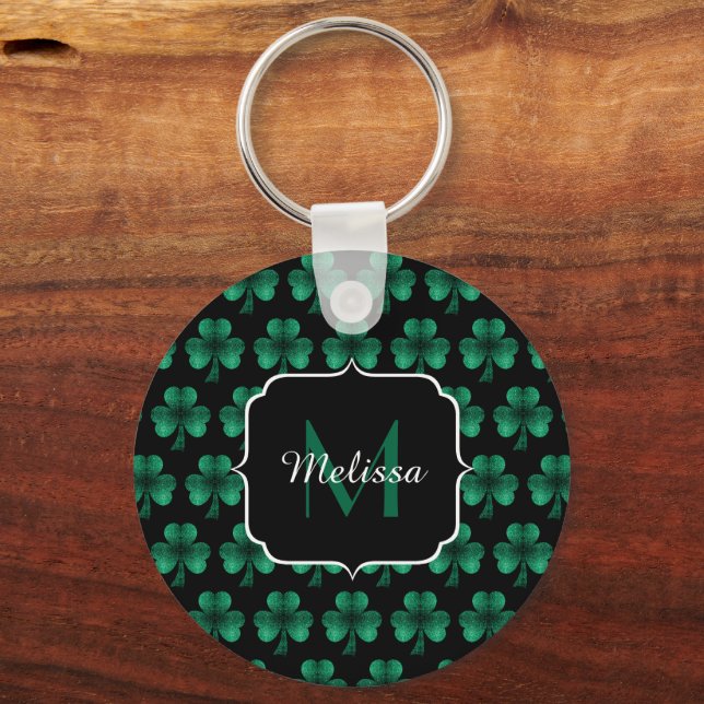 Emerald Green Sparkle Shamrock black Monogram Keychain (Front)