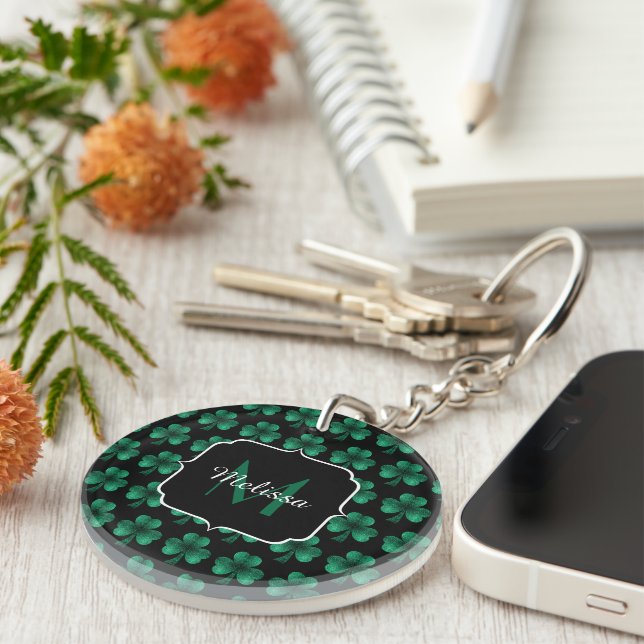 Emerald Green Sparkle Shamrock black Monogram Keychain (Front Right)