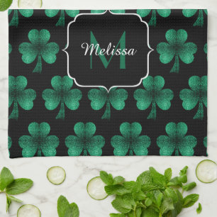 Emerald Green Sparkle Shamrock black Monogram Kitchen Towel