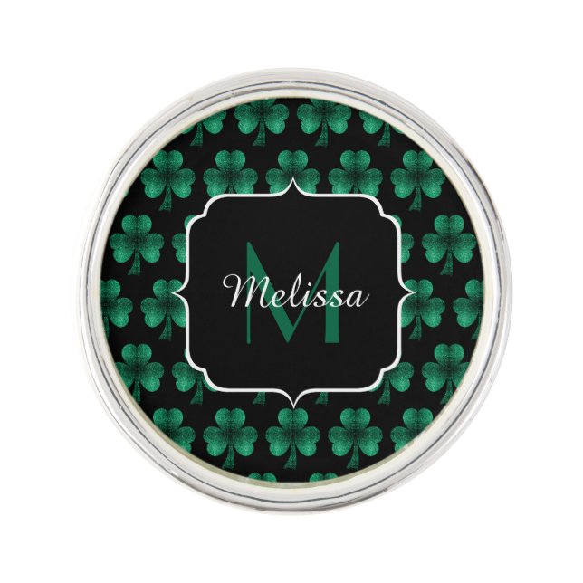 Emerald Green Sparkle Shamrock black Monogram Lapel Pin (Front)
