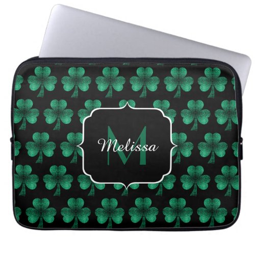Emerald Green Sparkle Shamrock black Monogram Laptop Sleeve