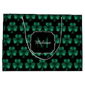 Emerald Green Sparkle Shamrock black Monogram Large Gift Bag (Back)
